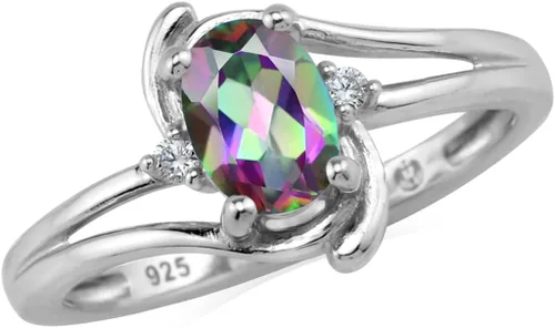Vista 12 de Silvershake Anillo de compromiso de plata de ley 925 con forma ovalada de 0.276 x 0.197 in Circonita verde esmeralda y blanca creadas