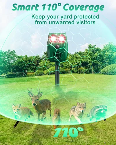Vista 7 de Repelente solar de animales, disuasorio ultrasónico de ciervos, panel solar grande impermeable ajustable con indicador de potencia, sensor