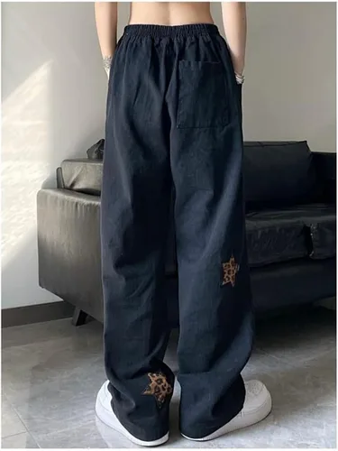 Vista 5 de Harajuku - Jeans de leopardo con estampado de letras, góticos, sueltos, de calle alta, rectos, hip hop