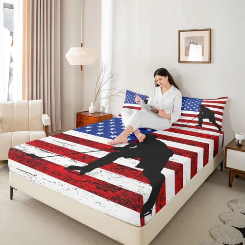 Vista 3 de Erosebridal American Flag Fitted Sheet Twin, Hockey Bedding Set United States Sports Games Bed Sheets for Kids Boys Teens Bedroom, Red White