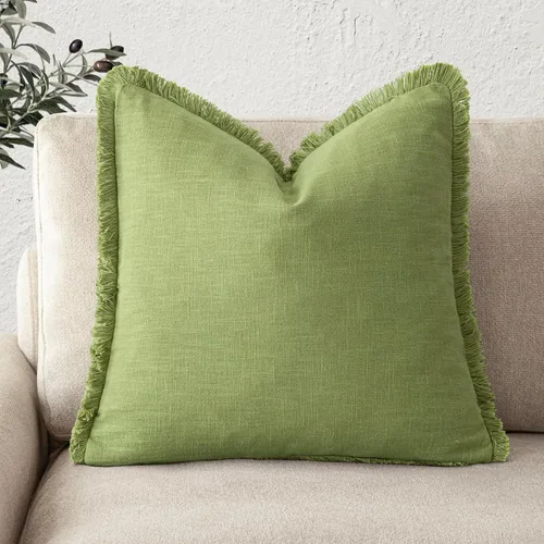 Vista 50 de Foindtower Fundas de almohada decorativas de lino con flecos, acogedora funda de cojín bohemia estilo farmhouse con borlas, funda de almohada