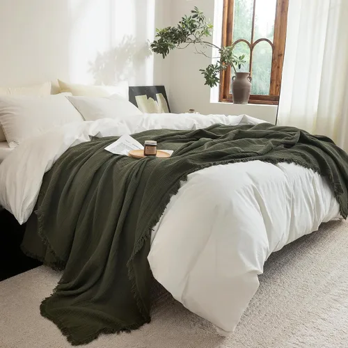 Vista 62 de FOSSA Manta de Muselina con Flecos - Gasa de Algodón 100% de 4 Capas Súper Suave y Transpirable - Manta Decorativa Ligera y Refrescante para Cama
