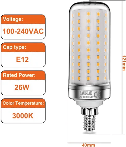 Vista 2 de Bombillas LED de 26 W, equivalente a bombillas incandescentes de 200 W, 3000 lm, 3000 K blanco cálido, tornillo Edison pequeño E12, paquete de 3