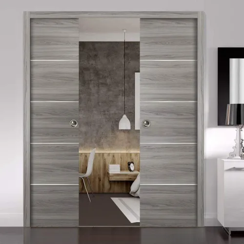 Vista 3 de Puertas correderas grises de doble bolsillo de 48 x 80 pulgadas con tiras Planum 0020 Ginger Ash Marcos de molduras Puerta resistente