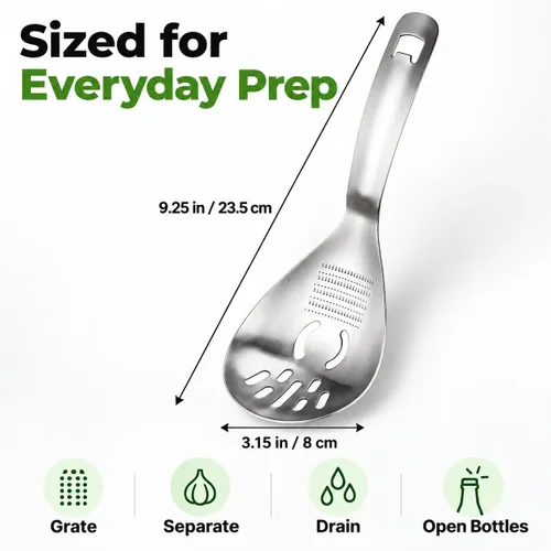 Vista 5 de 5-in-1 Stainless Steel Cooking Spoon, Multifunctional Home Kitchen Tool with Garlic and Ginger Grater, Egg Separator, Pasta Scoop, Soup Strainer and