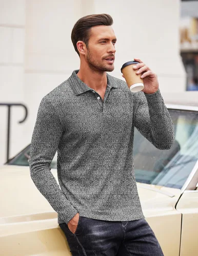 Vista 4 de COOFANDY Camisetas tipo polo casuales para hombre, de manga larga, con textura, de punto