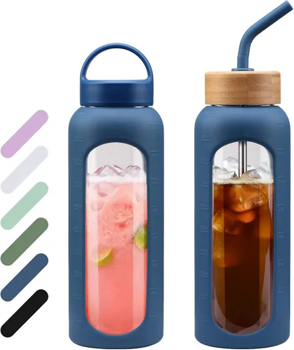 Vista 8 de WINSA - Botella de agua de vidrio de 24 onzas, vaso de vidrio con popote, botellas reutilizables con 2 tapas - Tapa con asa y tapa de bambú