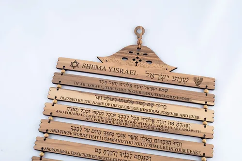Vista 2 de Olive Wood Gifts Shop Placa hecha a mano «SHEMA Israel Prayer» (16.5 x 11.5 pulgadas, inglés/hebreo) – Deuteronomio 6:4-9, decoración artística