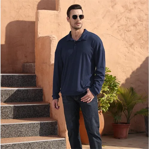 Vista 3 de Opomelo Men's Long Sleeve Solid Polo Shirts -Fashion Casual Golf Shirt Collared T Shirts