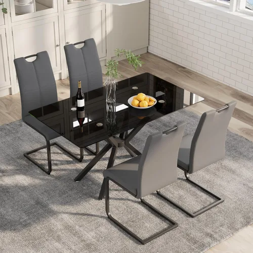 Vista 12 de 5-Piece 47" Dining Table with 4 PU Leather Chairs, Modern Dining Table Set for 4, Rectangle Black Top Kitchen Table with Black Metal Legs for Dining