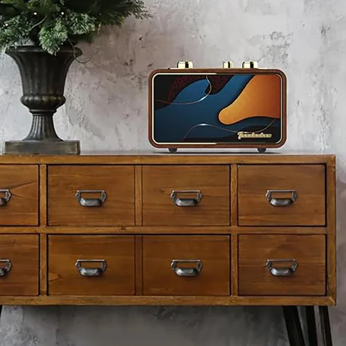 Vista 8 de Altavoz Bluetooth retro de madera, altavoz inalámbrico portátil vintage con placas frontales intercambiables, radio FM, subwoofer y dial giratorio