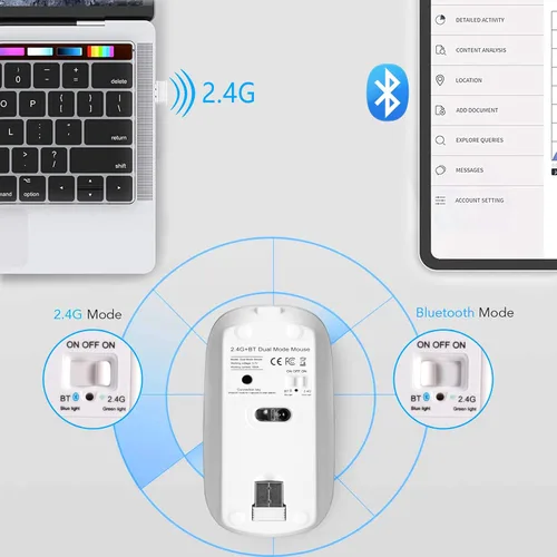 Vista 2 de AE WISH ANEWISH Ratón inalámbrico de modo dual (Bluetooth 4.0+USB), ratones silenciosos recargables con receptor USB, mouse Bluetooth delgado