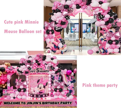 Vista 11 de Kit de arco de guirnalda de globos de ratón rosa, globos rosa y negro con globos de papel de aluminio, decoraciones de fiesta de cumpleaños