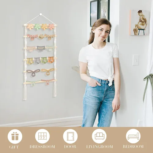 Vista 5 de Organizador de pinzas para el cabello, soporte colgante de macramé para el cabello y almacenamiento para niñas, colgador de clips de garra