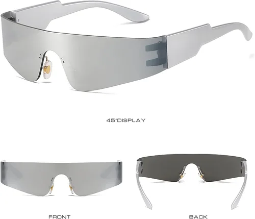 Vista 3 de Gafas de sol envolventes futuristas sin montura para mujeres y hombres, UV400 Cyberpunk con visera de moda