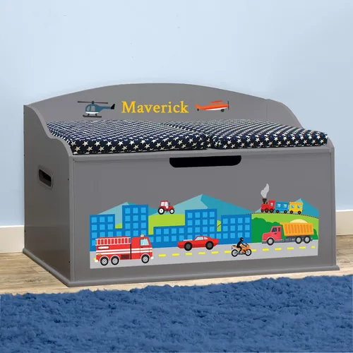Vista 6 de DIBSIES Caja de juguetes personalizada Creative Wonders, automóviles, camiones, aviones y trenes, 30 x 19.25 x 18 pulgadas, tapa de cierre suave Azul