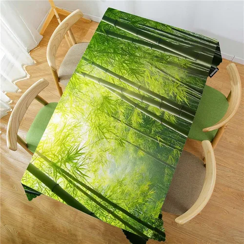 Vista 2 de Swono - Mantel rectangular de bambú con diseño de luz solar y bosque de bambú - Mantel a cuadros lavable para mesa de cocina, cena de festividades