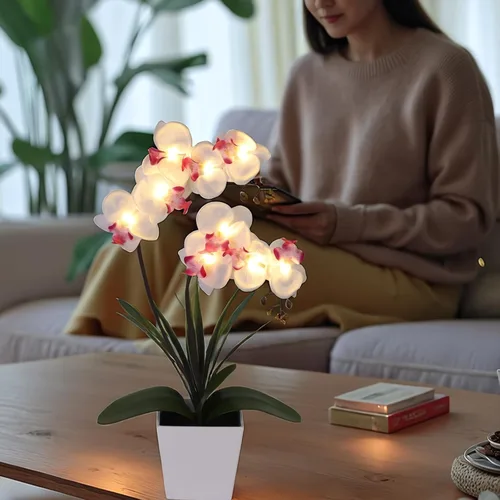 Vista 6 de Arreglo floral artificial con luces LED Homeseasons, funciona con batería, maceta con orquídeas, 9 luces Blanco