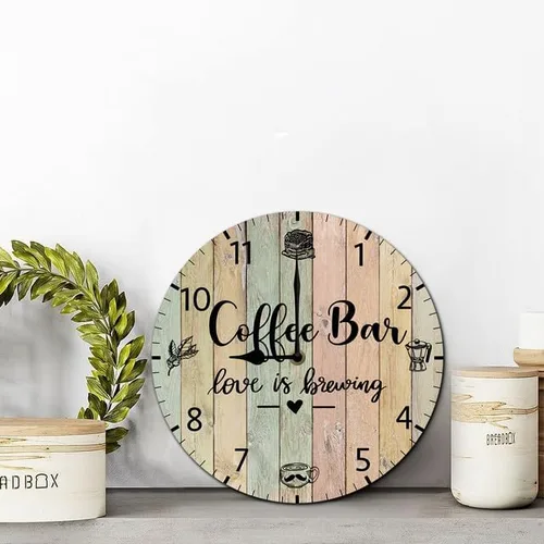 Vista 4 de Reloj de pared para cafetería, decoración de pared, funciona con pilas, sin tictac, cuarzo silencioso, analógico, rústico, rústico, reloj redondo