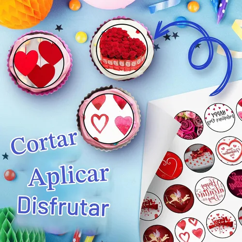 Vista 2 de 30 adornos comestibles para cupcakes con temática de San Valentín para decoración de tartas comestibles sin cortar comestible en hoja de oblea