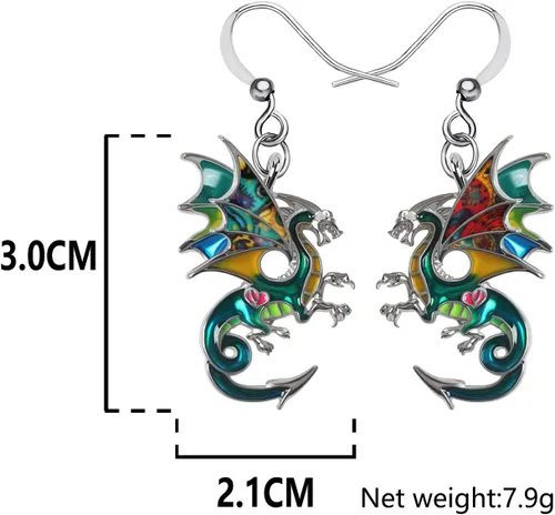 Vista 6 de Aretes de dragón de fantasía de dinosaurio de aleación esmaltada, colgantes únicos, joyería de animales para mujeres, regalos de dragones