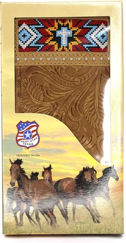 Vista 4 de West Star Texas Cartera de chequera plegable con pelo de vaca o cartera de tela bordada, 0205 Bordado Marrón