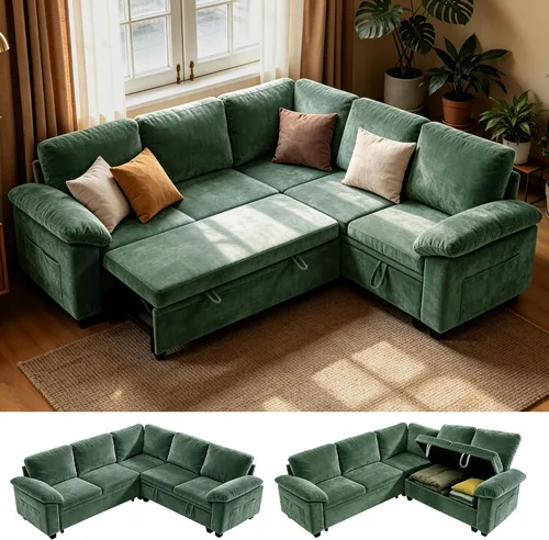 Vista 25 de 86" L-Shaped Sectional Sleeper Couch, Modular Pull-Out Storage Sofa Bed Green