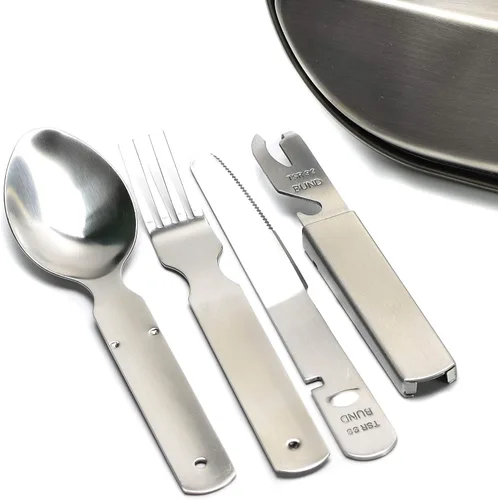 Vista 3 de Juego de cubiertos alemanes 4 piezas Utensilios de comer estilo militar cuchara tenedor cuchillo kit cubiertos multiherramienta camping botella