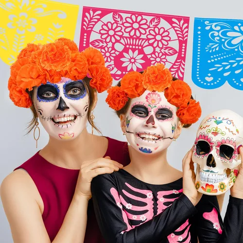 Vista 7 de Cartel de fiesta mexicana de Halloween, 124 unidades, papel picado, Día de los Muertos, banderines de fiesta, Día de los Muertos, flores muertas