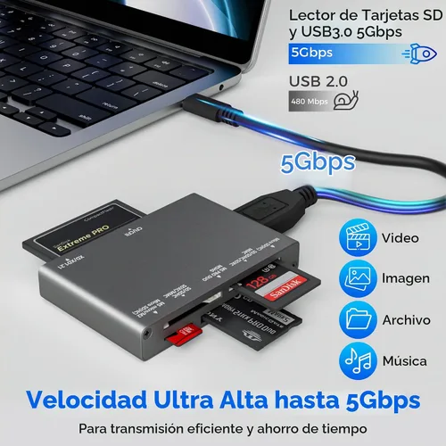 Vista 4 de Lector de tarjetas de memoria múltiple 7 en 1, lector de tarjetas SD USB 3.0 (5Gbps) Lectura simultáneamente 7 tarjetas para tarjeta de memoria