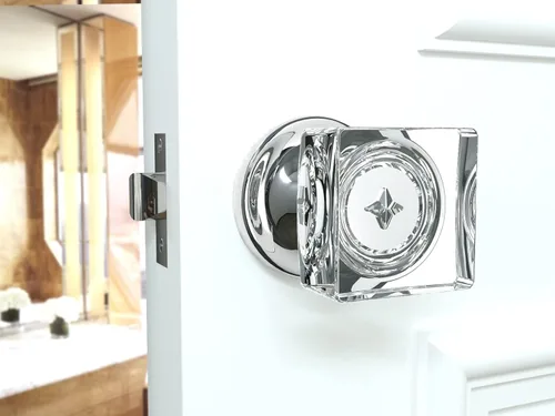 Vista 6 de Kobelle Perillas cuadradas de cristal para puerta, roseta redonda de cromo pulido