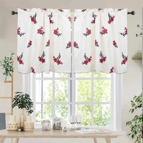 Vista 14 de Molaxhome Cenefas de ventana bordadas florales opacas con bolsillo para barra, cortinas para cocina, color verde, 29 pulgadas de ancho x 24 pulgadas