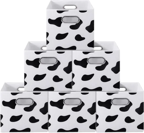 Vista 11 de ANMINY 2 cubos de almacenamiento con estampado de vaca, cestas de almacenamiento de 11 pulgadas con asas, lavables, plegables, de tela de algodón