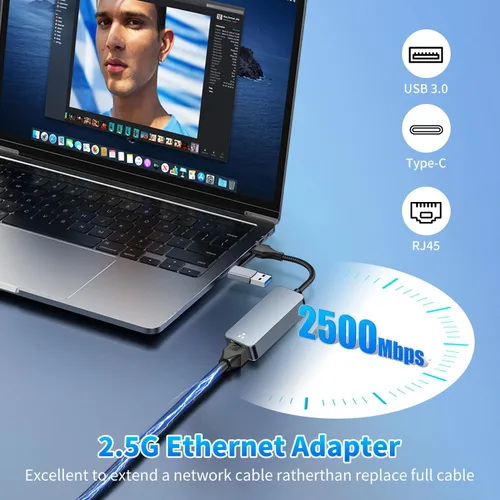 Vista 2 de Adaptador USB C a Ethernet 2 en 1 de 2.5 Gbps, adaptador Ethernet tipo C a RJ45 con puerto USB-A 3.0, 2500 Mbps Gigabit a Internet con cable
