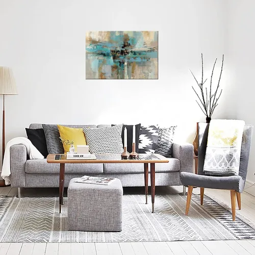 Vista 5 de DZL Art A74769 - Impresiones en lienzo abstractas para pared, pinturas artísticas azules y marrones, lienzo estirado de madera, enmarcado para sala