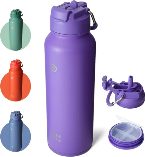 Vista 14 de Botella Botella Botella de agua deportiva de 40 oz de acero inoxidable, botella de agua aislada con popote y porta pastillas Dual-use