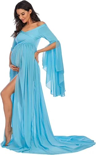 Vista 2 de ZIUMUDY Vestido largo de gasa de maternidad con hombros descubiertos para sesión de fotos, mangas acampanadas, vestido dividido para fotografía