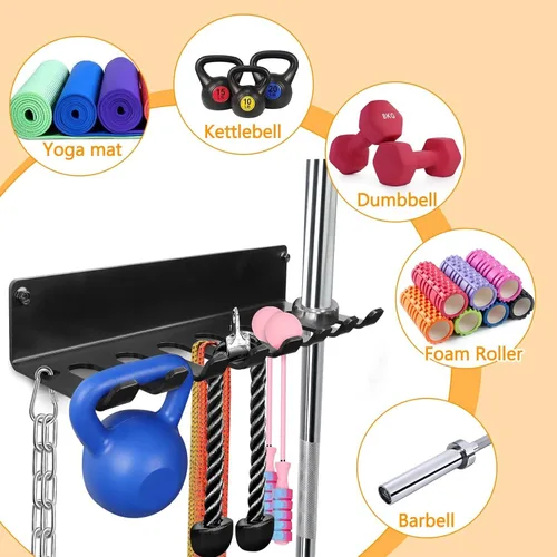 Vista 7 de Organizador de gimnasio, colgador de accesorios de gimnasio en casa, ganchos de montaje en pared para mancuernas olímpicas, asas de fila