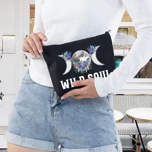 Vista 5 de LEVLO Bolsa de maquillaje cosmética de fase lunar, regalo de bruja luna, bolsa de maquillaje con cremallera para mujeres y niñas, Alma salvaje