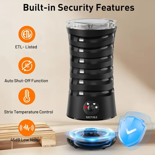 Vista 5 de Espumador de leche eléctrico Secura, vaporizador automático de leche, máquina de espuma caliente y fría 4-EN-1 - 8.4oz/240ml calentador de leche