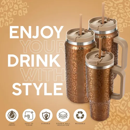 Vista 4 de FAHRMOSIS Vaso de 40 onzas con asa y pajita, taza aislada que cabe en el portavasos para bebidas frías y calientes, vaso a prueba de fugas