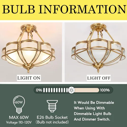 Vista 7 de Lámpara de techo de latón de 4 luces semiempotrada, candelabro dorado para comedor, lámpara de techo de vidrio esmerilado, luz empotrada moderna