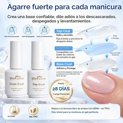 Vista 2 de VibeFusion Kit de base y capa superior de gel 2x15ml sin HEMA sin TPO Kit de gel base y capa superior: base de adhesión fuerte, parte superior