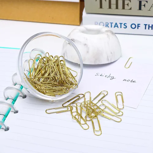 Vista 4 de 100 clips de papel dorados de 0.116 pulgadas (1.102 in), tamaño mediano en mármol blanco, dispensador de clips redondos, estuche de almacenamiento