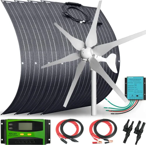 Vista 16 de Kit solar eólico de 500 W, sistema de 12 V fuera de la red: generador de turbina eólica de 400 W + 1 panel solar flexible ETFE de 100 W +