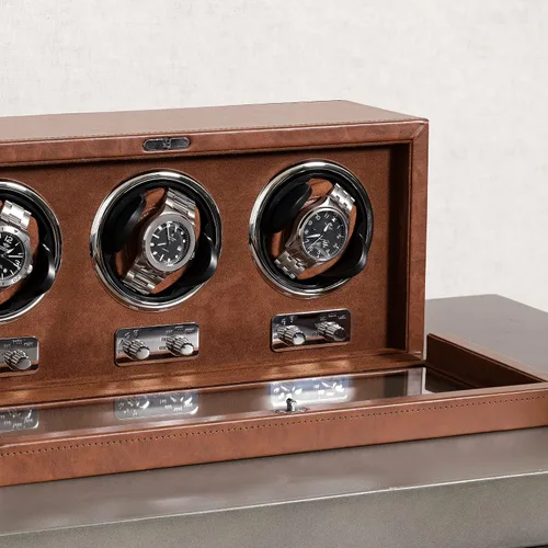 Vista 3 de ROTHWELL Bobinadora de reloj triple para relojes automáticos con motor silencioso con múltiples velocidades y ajustes de rotación (bronceadomarrón)