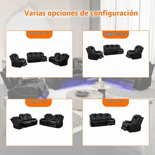 Vista 7 de Juego de sofá reclinable eléctrico con LED, juego de sofá de cuero transpirable para sala de estar, juego de sofá reclinable con puerto USB Negro