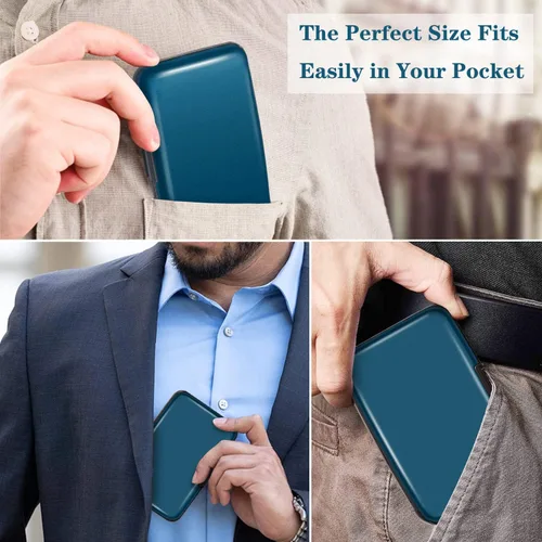 Vista 4 de Portatarjetas de crédito con bloqueo RFID, mini tarjetero delgado de aluminio duro para hombres o mujeres, Azul marino