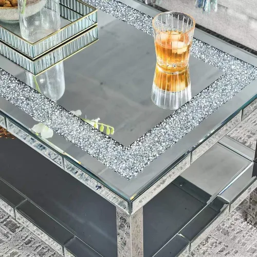 Vista 4 de LUMISOL Mesa de centro con espejo plateado con diseño de cristal, mesa central rectangular de vidrio de 2 capas con patas de acero inoxidable, mesa