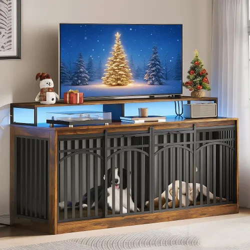 Vista 10 de DWVO Mueble doble para perros de 71 pulgadas para 2 perros medianos, soporte de TV de madera resistente con puertas correderas, mesa decorativa